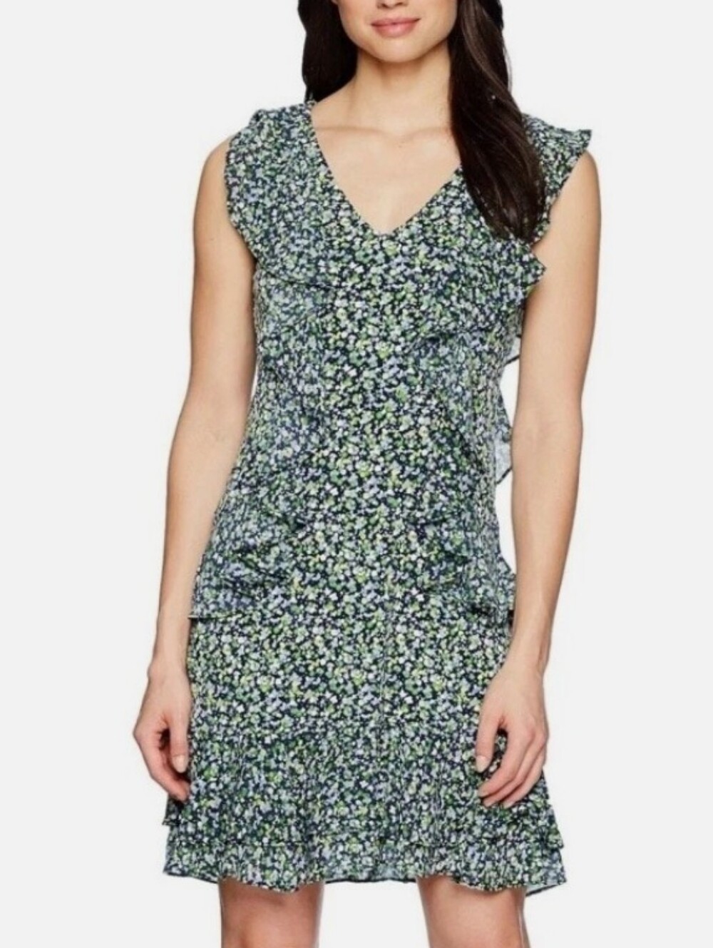 Floral Ruffle Sleeveless Dress in Navy and Green yellow and white stetchy ruffle